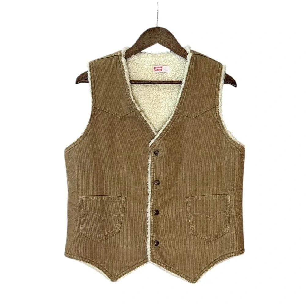 Levi's Mens Sherpa‎ Lined Corduroy Vest M Brown Snap Front Western Retro Classic